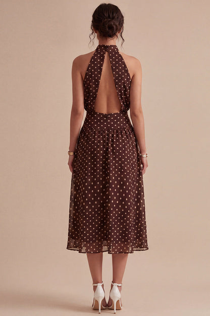 Coffee and White High Neck A Line Maxi Polka Dots Dress