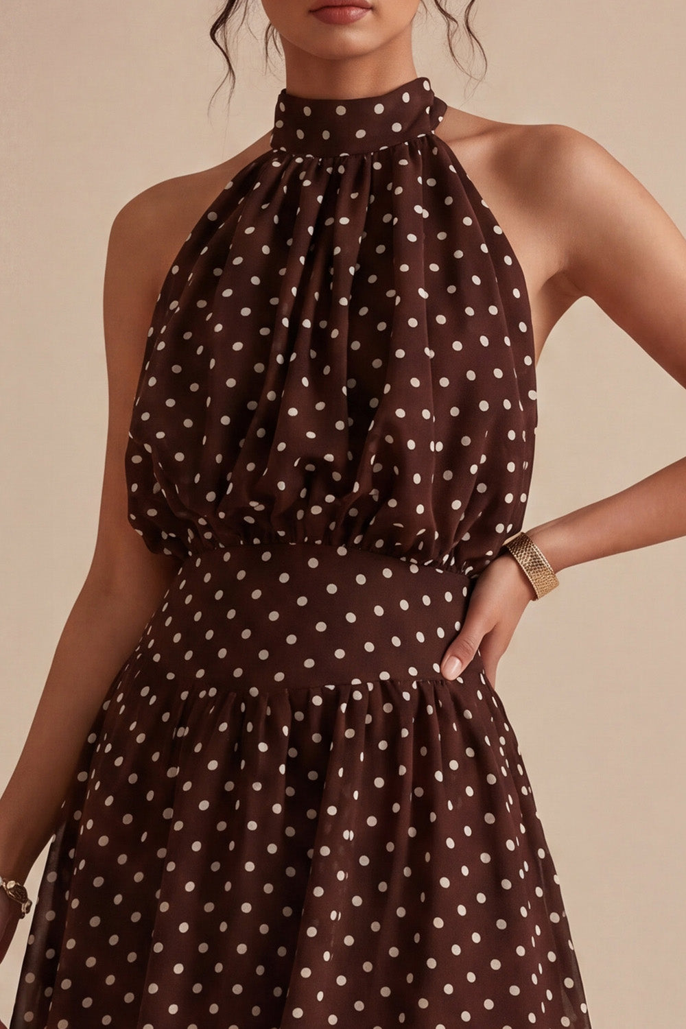Coffee and White High Neck A Line Maxi Polka Dots Dress