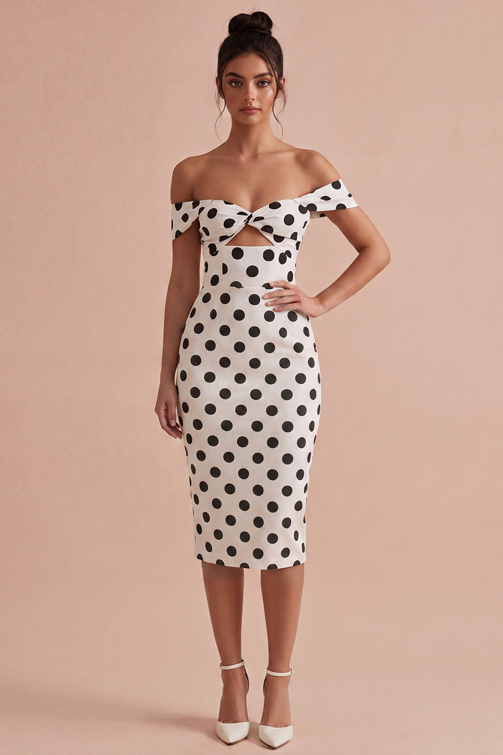 Bodycon White and Black Keyhole Off the Shoulder Midi Polka Dots Dress