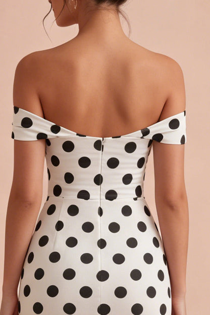 Bodycon White and Black Keyhole Off the Shoulder Midi Polka Dots Dress