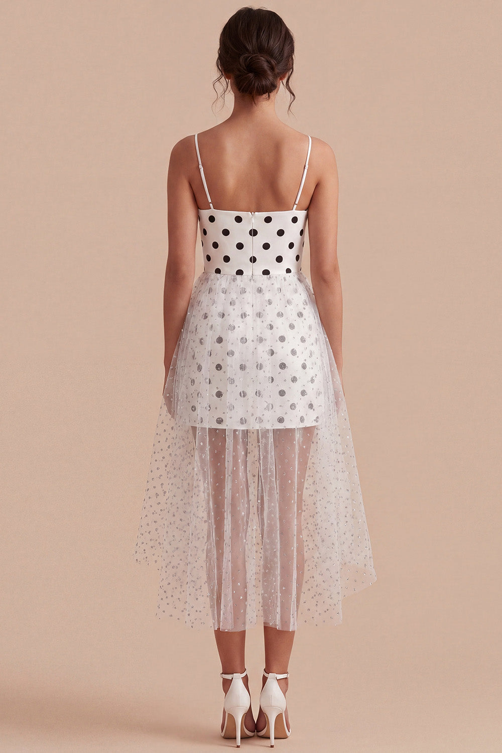 White and Black Spaghetti Straps A Line Maxi Polka Dots Dress