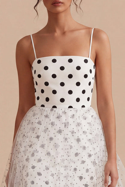 White and Black Spaghetti Straps A Line Maxi Polka Dots Dress