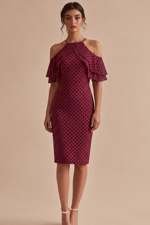 Bodycon Burgundy and White Halter Midi Polka Dots Dress with Ruffles