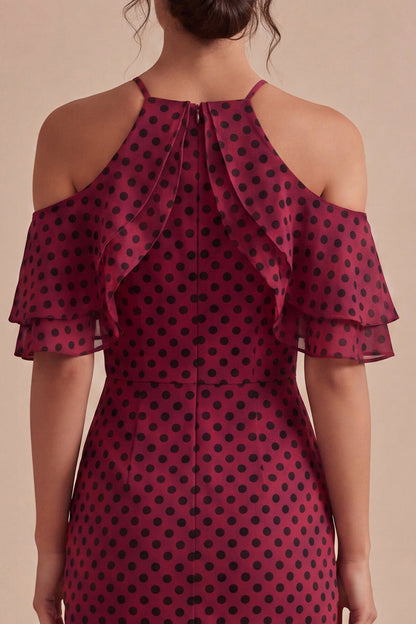 Bodycon Burgundy and White Halter Midi Polka Dots Dress with Ruffles