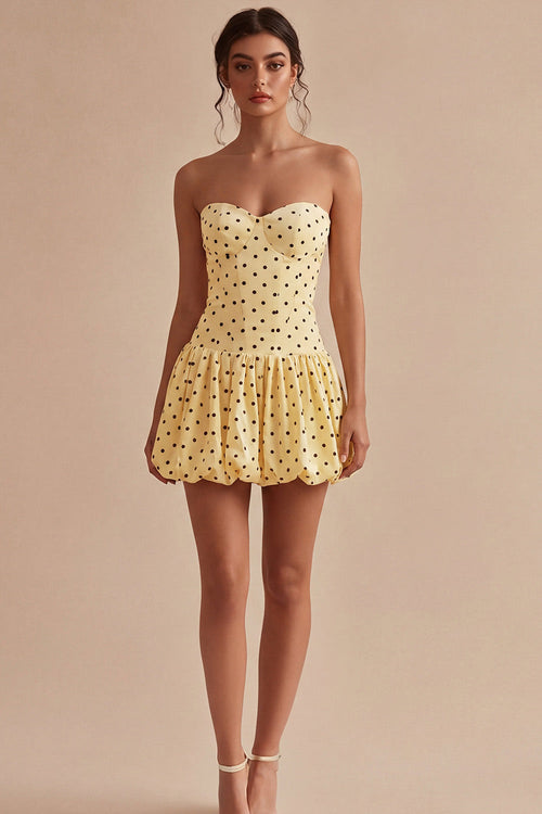 Yellow and Black A Line Short Strapless Polka Dots Dress