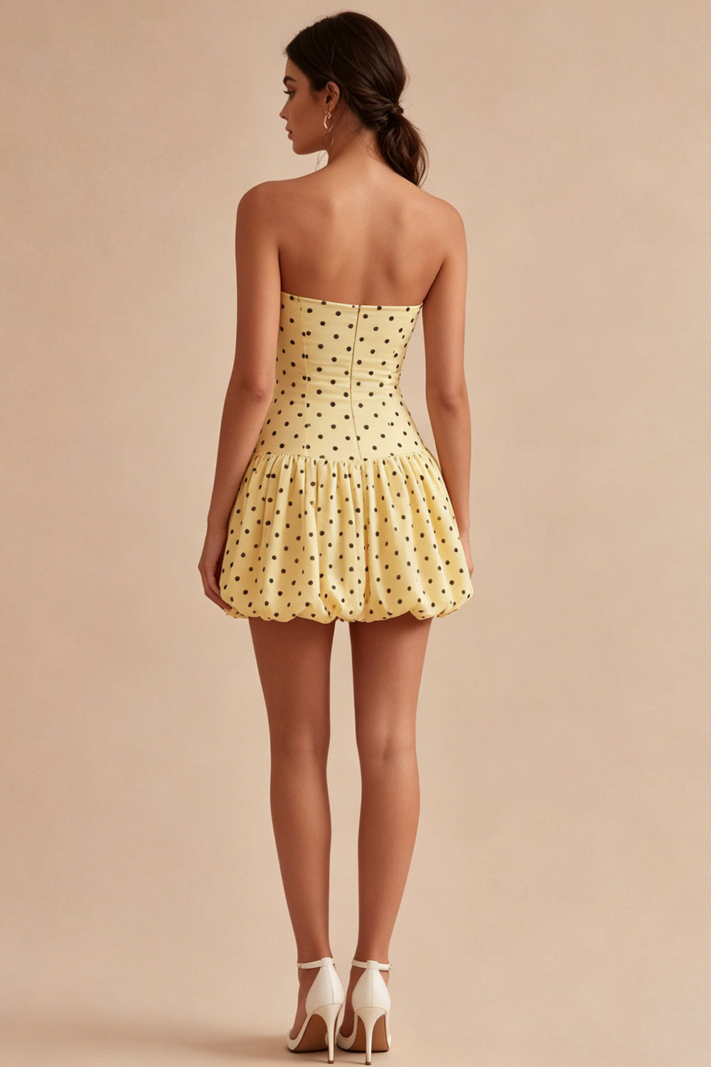 Yellow and Black A Line Short Strapless Polka Dots Dress