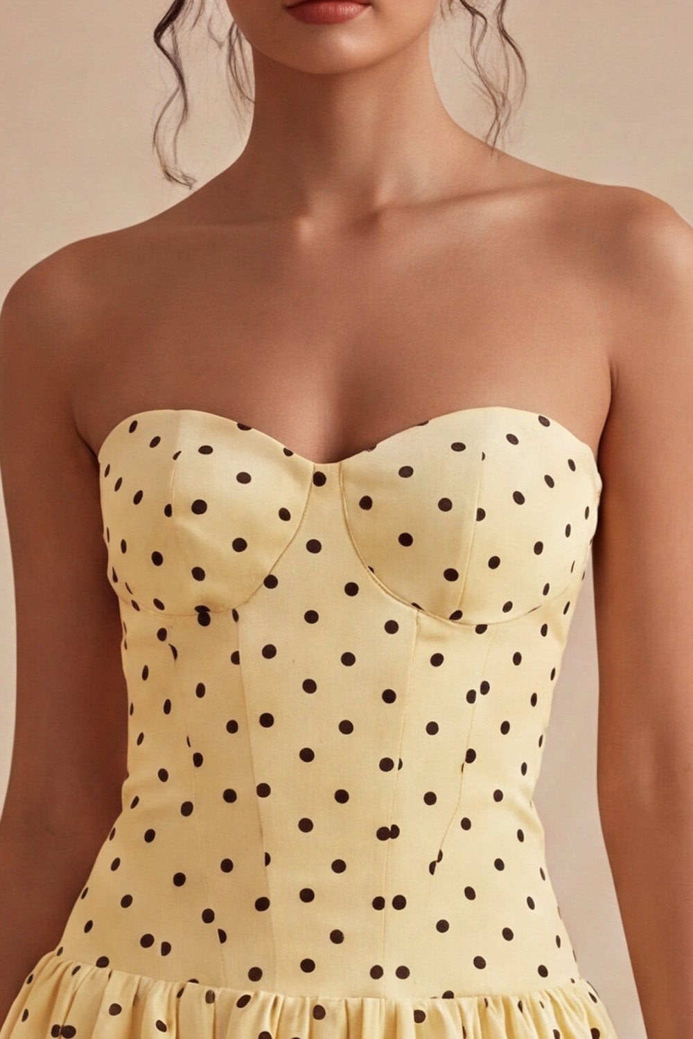 Yellow and Black A Line Short Strapless Polka Dots Dress