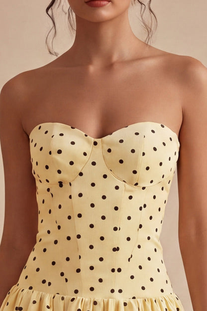 Yellow and Black A Line Short Strapless Polka Dots Dress