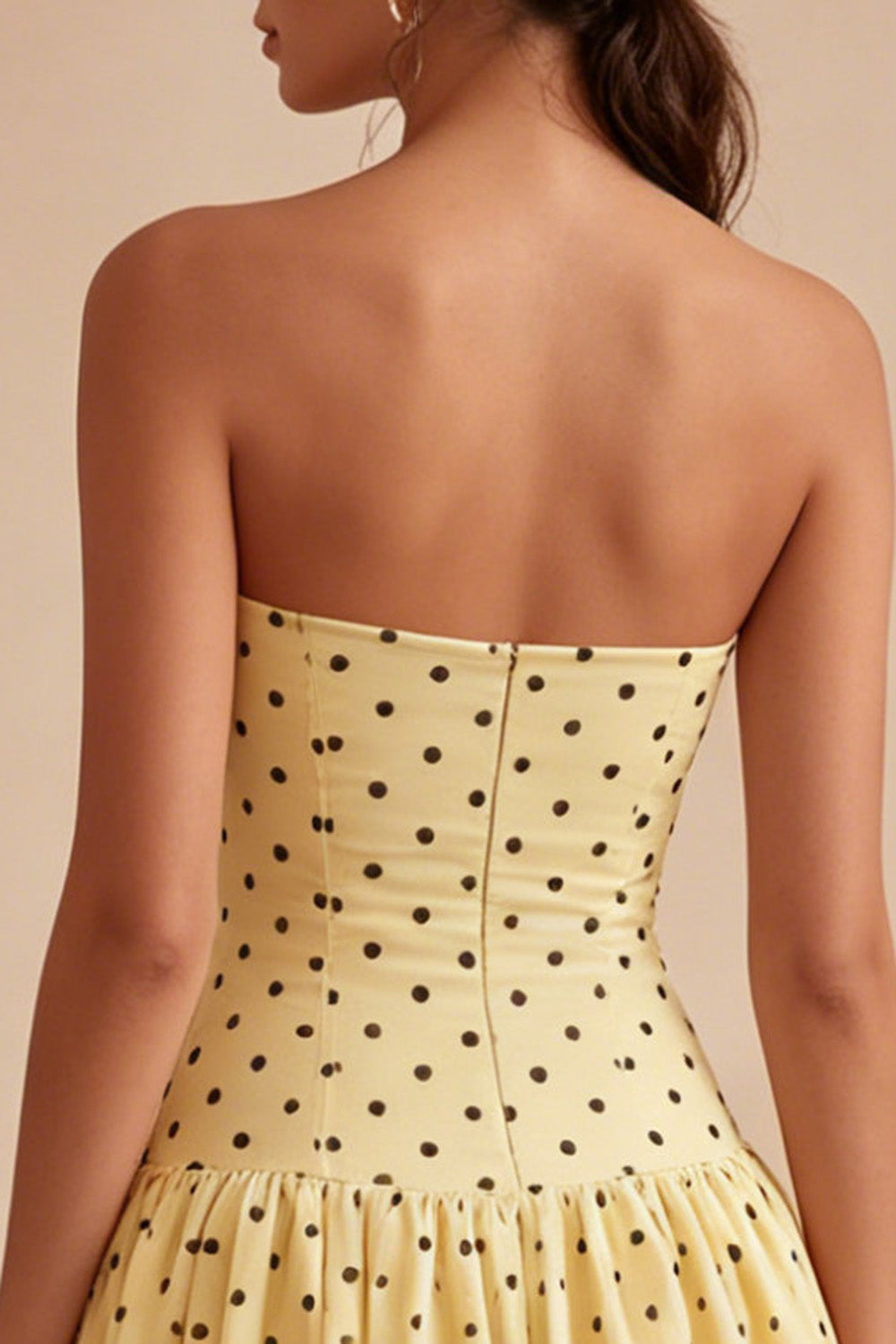 Yellow and Black A Line Short Strapless Polka Dots Dress