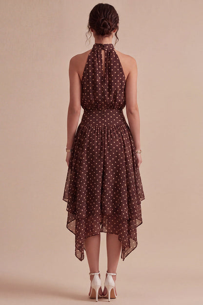 Coffee and White High Neck A Line Asymmetrical Polka Dots Dress