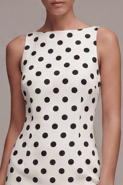 Tight Short White and Black Bateau Neck Polka Dots Dress