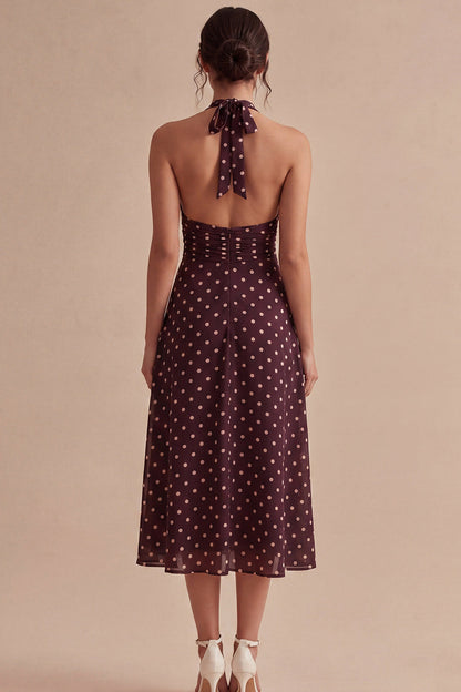 Burgundy and White Halter Maxi A Line Polka Dots Dress
