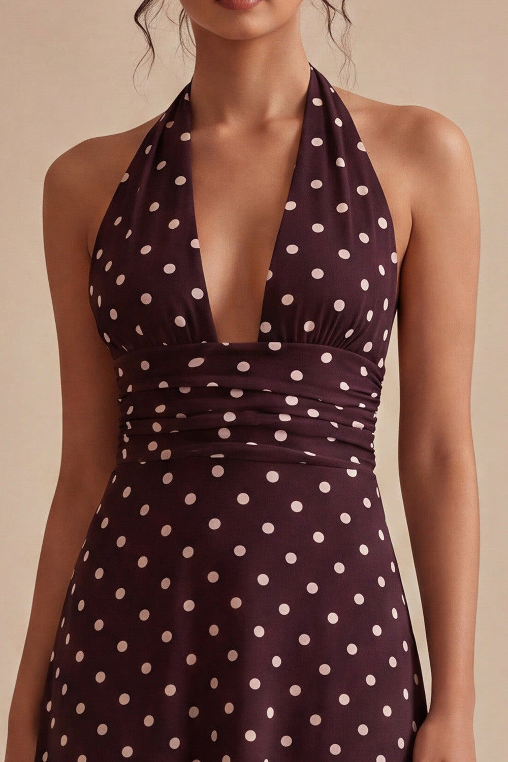 Burgundy and White Halter Maxi A Line Polka Dots Dress
