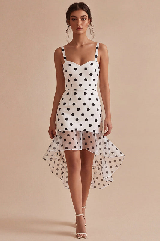 White and Black Thick Straps High Low Polka Dots Dress with Ruffles