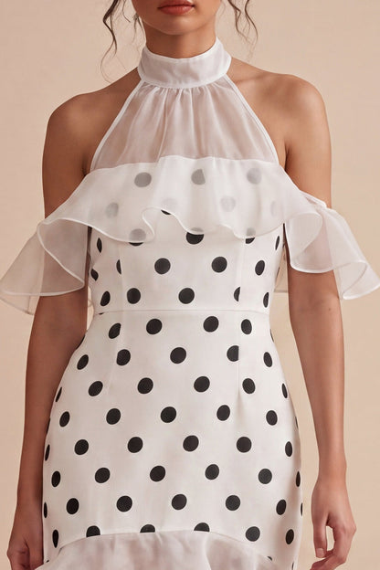 High Neck White and Black High Low Polka Dots Dress with Ruffles