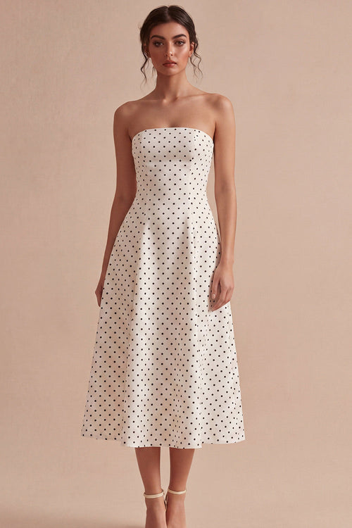 White and Black Strapless A Line Maxi Polka Dots Dress