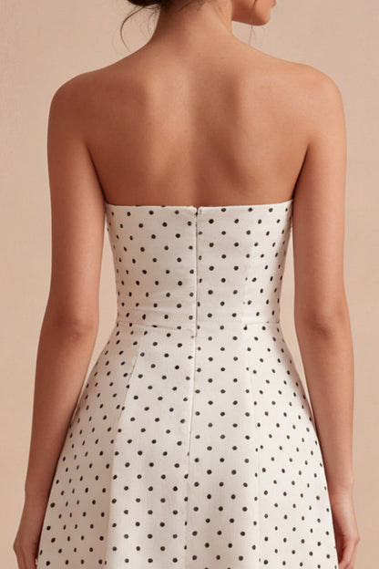 White and Black Strapless A Line Maxi Polka Dots Dress