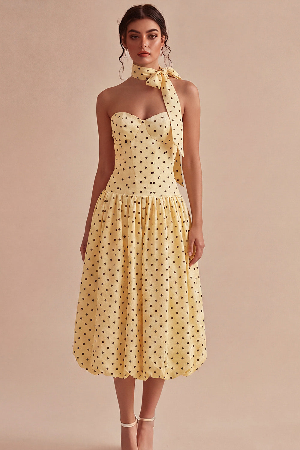 Yellow and Black A Line Maxi Strapless Polka Dots Dress