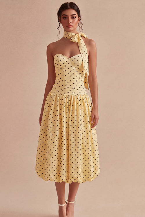 Yellow and Black A Line Maxi Strapless Polka Dots Dress