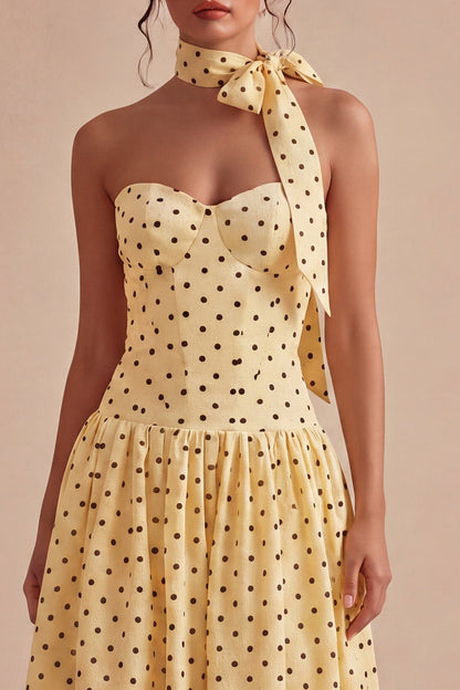 Yellow and Black A Line Maxi Strapless Polka Dots Dress