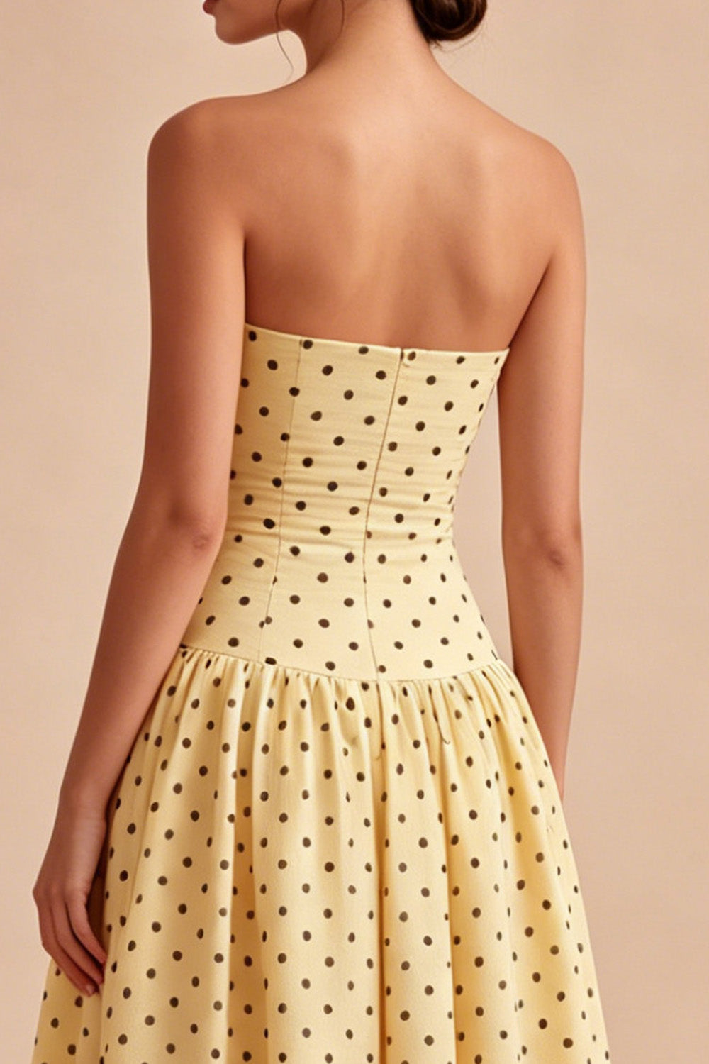 Yellow and Black A Line Maxi Strapless Polka Dots Dress