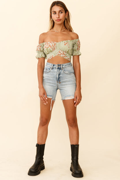 Linka Off-Shoulder Tie-Back Crop Top Mini Flower Print Green