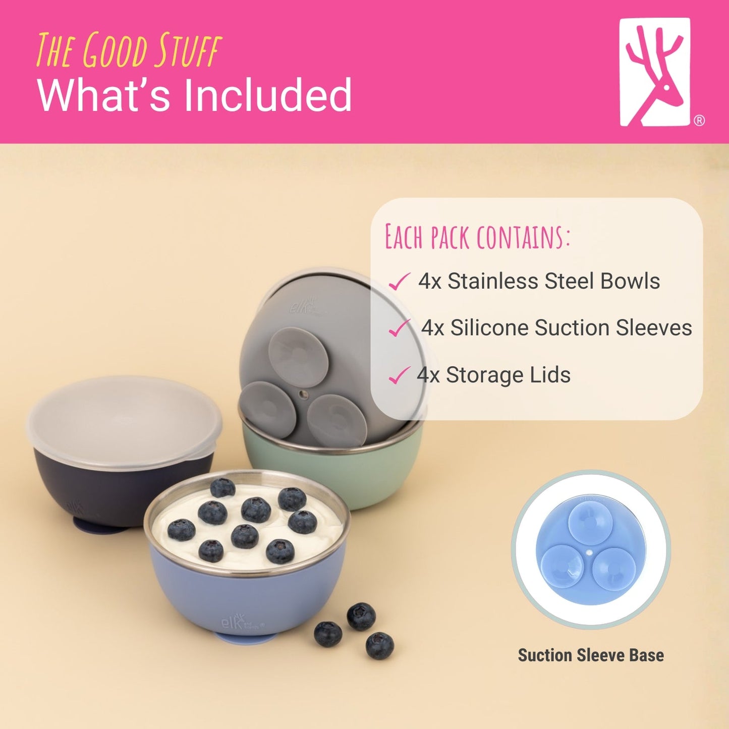 Stainless Steel Bowl with Silicone Suction Sleeve + Lids