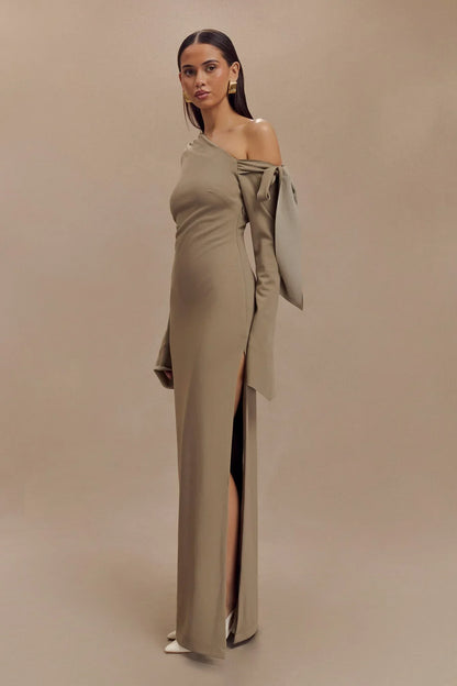 Nicola One Shoulder Crepe Maxi Dress - Mushroom