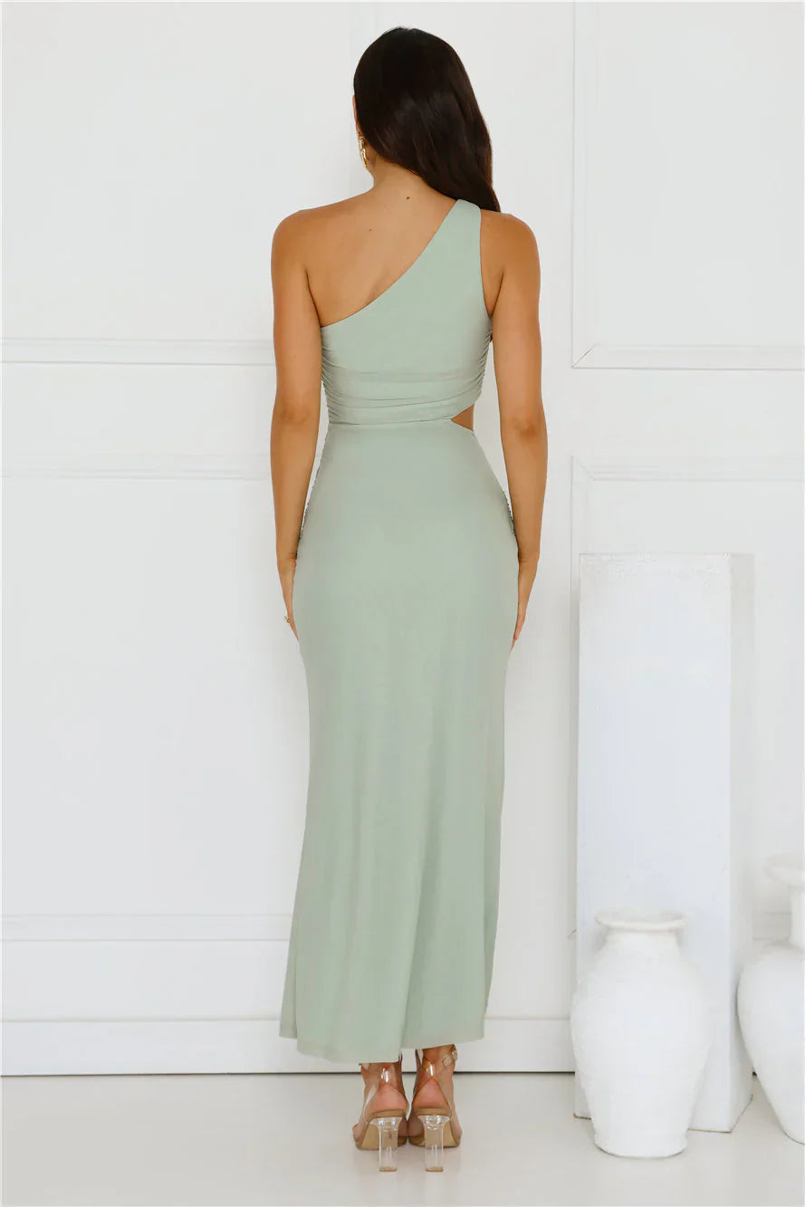 Style Capital One Shoulder Mesh Maxi Dress Sage