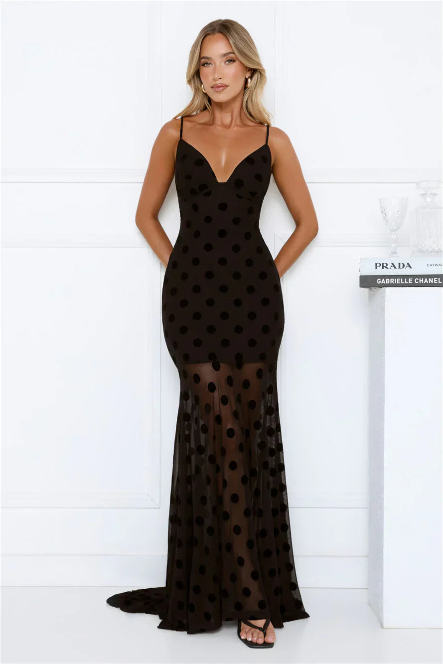 Sultry Polka Dot Velvet Maxi Dress Black