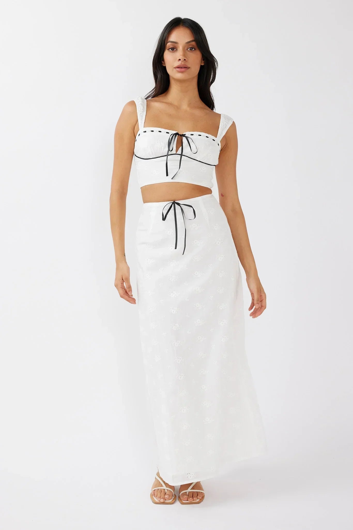 Helga Eyelet Embroidery Bow Crop Top White