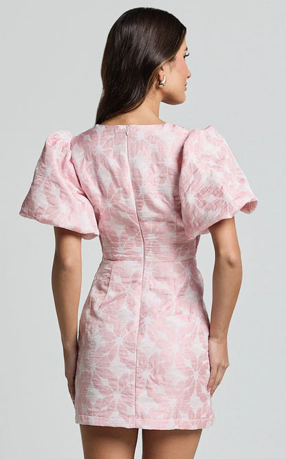 Diana Mini Dress Jacquard Short Sleeve Cut Out Dress in Light Pink