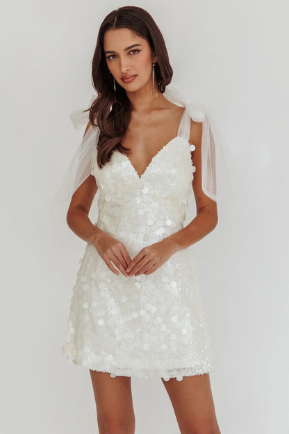 Mykonos Morning Tied Shoulder Sequin Mini Dress White