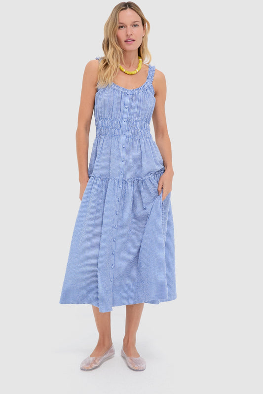 Blue and White Gingham Seersucker Landis Maxi Dress