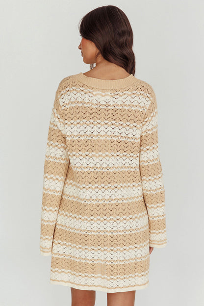 Maysah Button-Up Knit Shirt Dress Nude Ivory