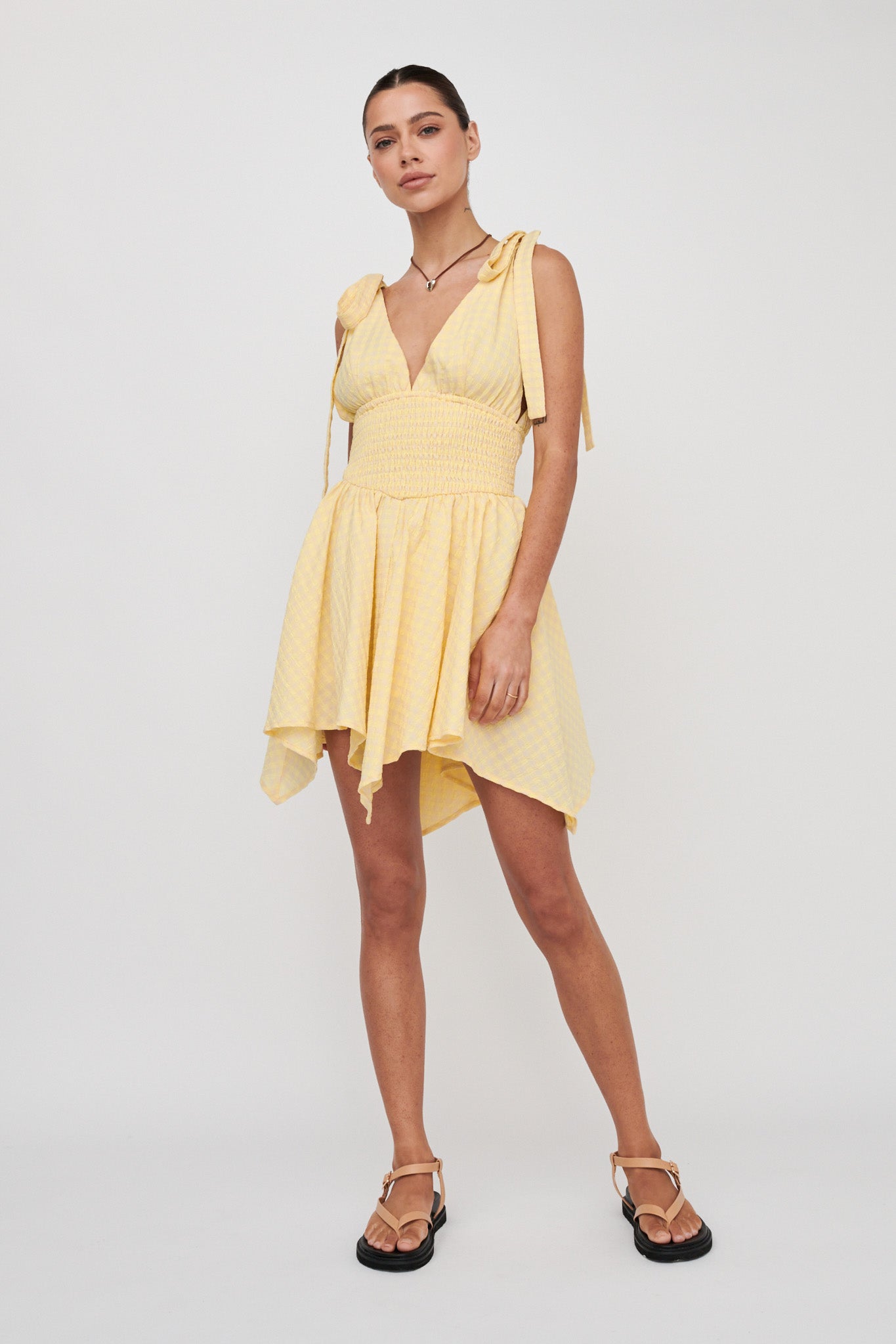 Lido Tied Shoulder Shirred Romper Lemon