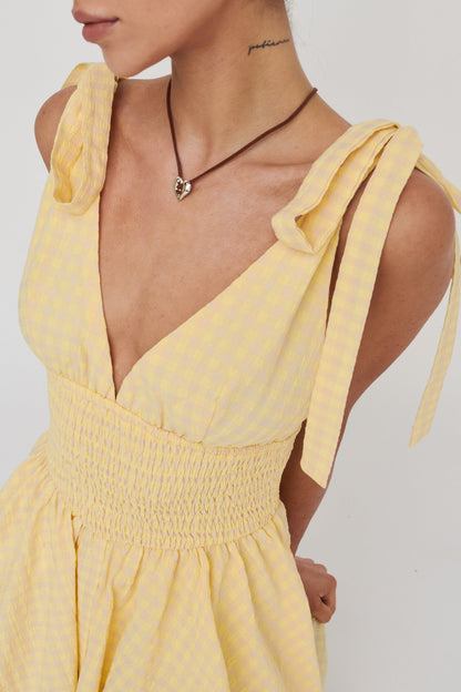 Lido Tied Shoulder Shirred Romper Lemon