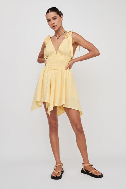 Lido Tied Shoulder Shirred Romper Lemon