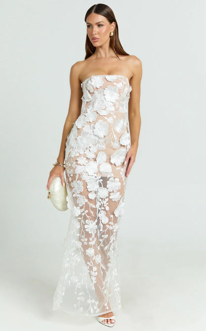 Sienna Maxi Dress 3D Floral Strapless Column Dress in White