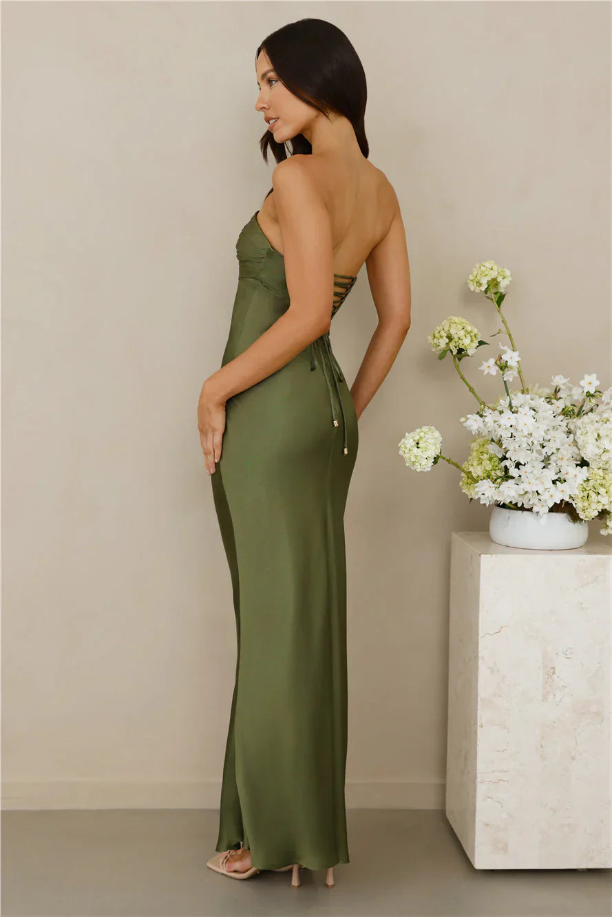 The Seraphina Strapless Satin Maxi Dress Olive
