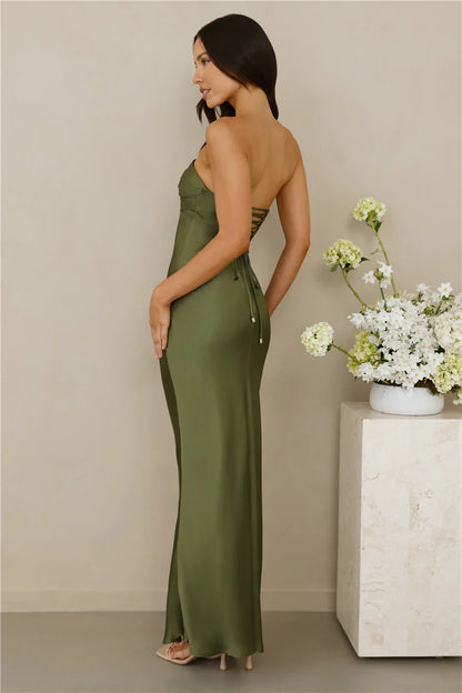 The Seraphina Strapless Satin Maxi Dress Olive