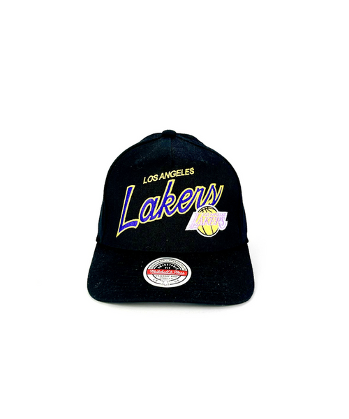 LA Lakers Classic Script Red Snapback Hat by Mitchell & Ness